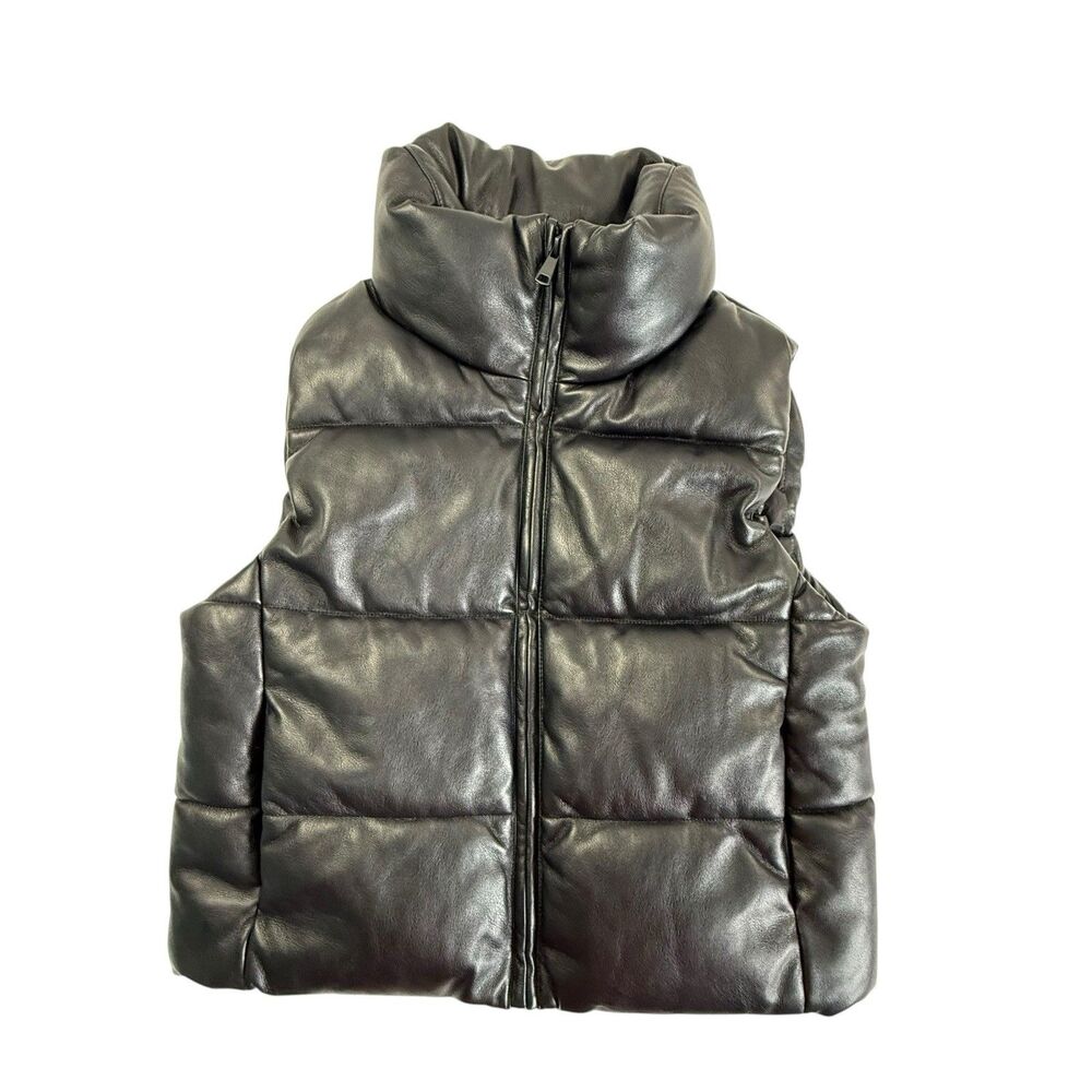 NEW Gap Vegan Leather Cropped Puffer Vest Women XS Petite Black Retro 90s $128